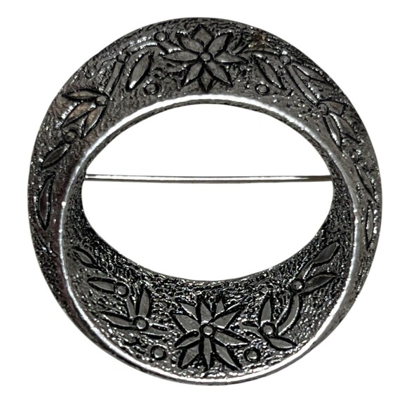Vintage EMMONS Signed Flower Brushed Silver Tone Brooch Scarf Estate Pin Retro - Picture 2 of 4